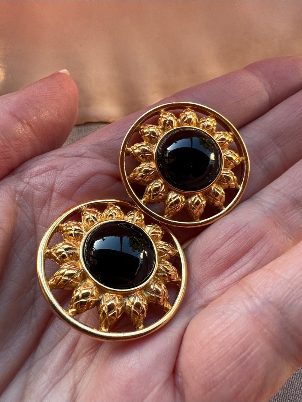 Fendi Gold Sunburst Pierced Earrings with Black Onyx Centers - Picture 4 of 4